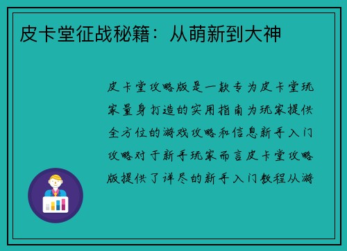 皮卡堂征战秘籍：从萌新到大神